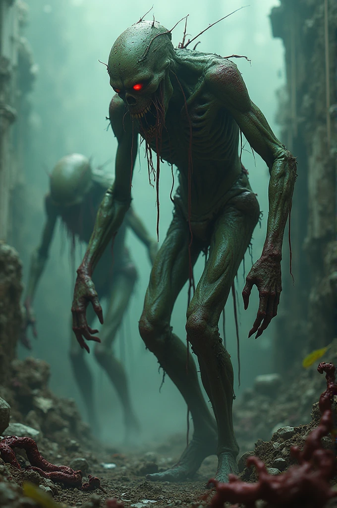 Make a vampire monster, as if it were an infected person from the last of us mixed with a vampire spawn