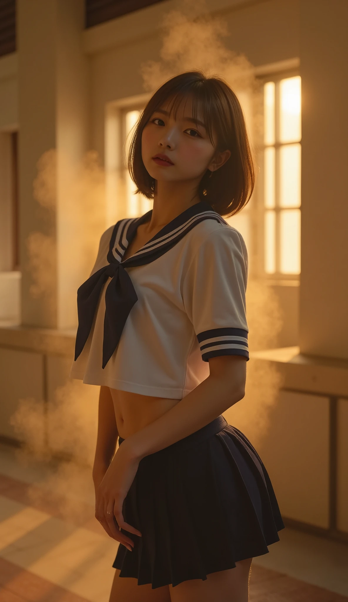 Perfect composition, Proper placement, Golden Ratio,  above the knee,    Beautiful Japanese Women , Brown Hair, Ahoge:1.21,   Brown Eyes  :1.21,  Traditional sailor suit figure from a prestigious high school in Tokyo ,   perfect beauty,   flat chest:1.331, Slender body:1.331, Thin limbs:1.331,   thin waist :1.331, Small Ass:1.331,   COMPLETE ANATOMY :1.331,   has a small head :1.331,   Traditional sailor uniform from a prestigious high school in Tokyo ,  white,   Short Sleeve Sailor Suit :1.21, sera fuku:1.21, Sailor suit top:1.21, Underneath are panties:1.21, Navy blue silk panties:1.21,  perfect beauty, In closed schools, The sunset is shining:1.21, Dust, steam, Emotional and dynamic cinematic lighting , 