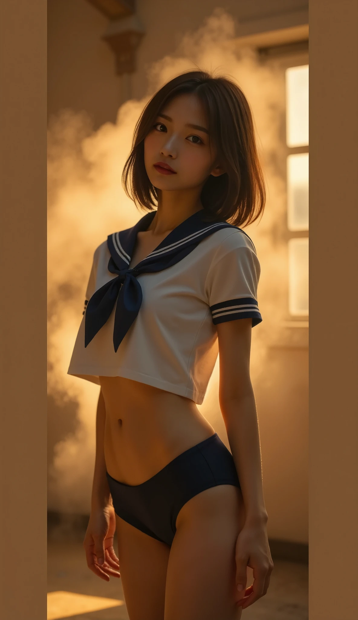 Perfect composition, Proper placement, Golden Ratio, above the knee, Beautiful Japanese Women , Brown Hair, Ahoge:1.21, Brown Eyes :1.21, Traditional sailor suit figure from a prestigious high school in Tokyo , perfect beauty, flat chest:1.331, Slender body:1.331, Thin limbs:1.331, thin waist :1.331, Small Ass:1.331, COMPLETE ANATOMY :1.331, has a small head :1.331, Traditional sailor uniform from a prestigious high school in Tokyo , white, Short Sleeve Sailor Suit :1.21, sera fuku:1.21, Sailor suit top:1.21, Underneath are panties:1.21, Navy blue silk panties:1.21, perfect beauty, In closed schools, The sunset is shining:1.21, Dust, steam, Emotional and dynamic cinematic lighting ,