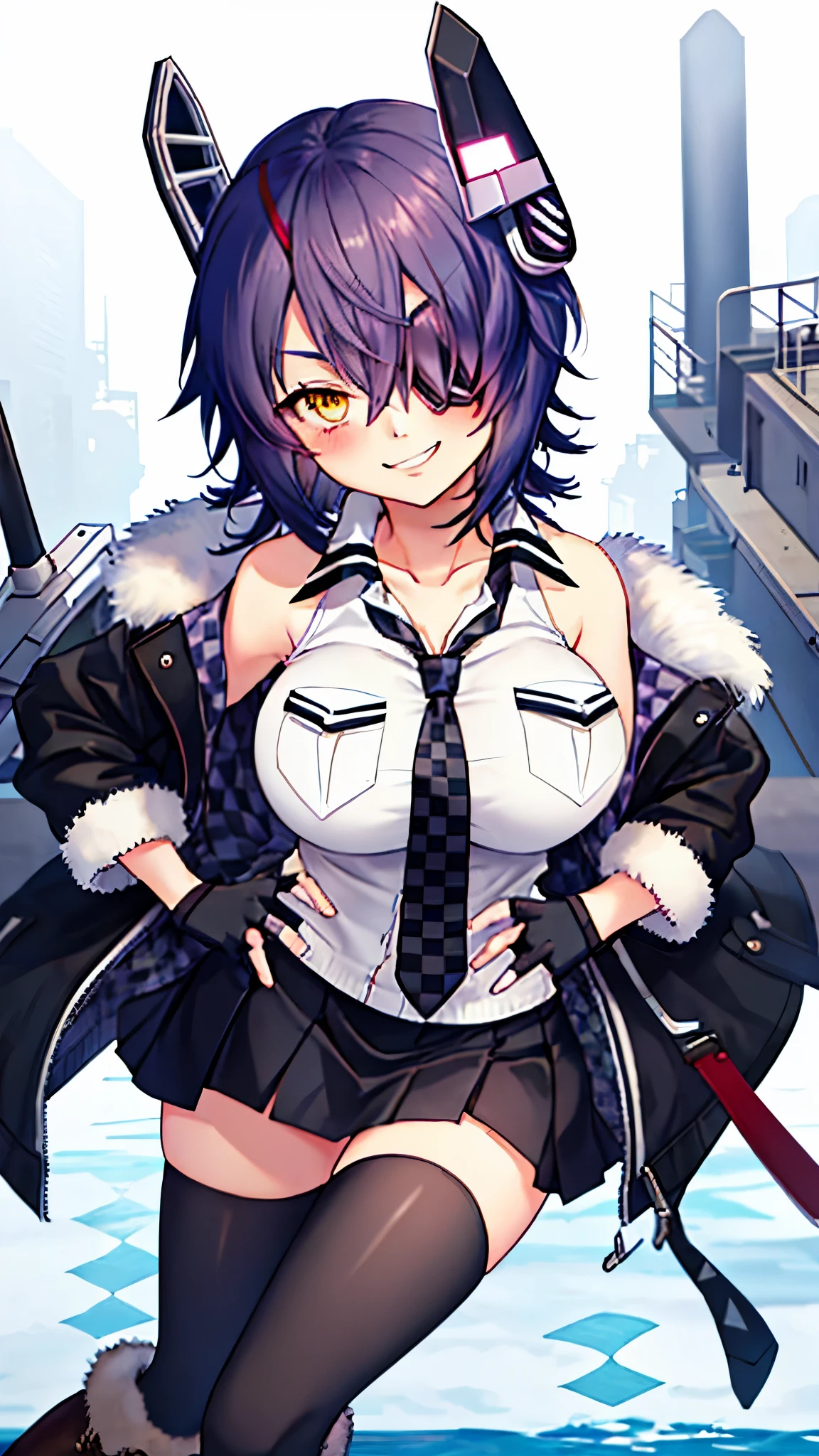 best quality, masterpiece, solo, {tenryuu_kantaicollection:1.15}, teen_girl, eyepatch, short_hair, purple_hair, yellow_eyes, headgear, breasts, necktie, large_breasts, smile, 1girl, blush, checkered_necktie, hair_over_one_eye, shirt, collared_shirt, white_shirt, jacket, sleeveless, brown_eyes, fur-trimmed_jacket, fur_trim, collarbone, looking_at_viewer, pocket, breast_pocket, ,, messy_hair, black_gloves, gloves, partially_fingerless_gloves,harbor_road_landscape_background,outdoor,short_skirt,thigh-highs,boots,sunlight,from_below