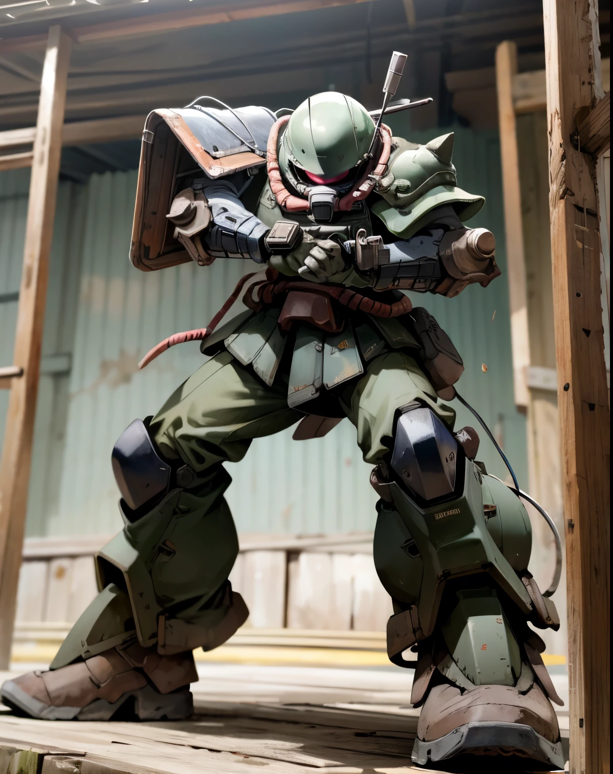 Zaku、A man with good style in armor、 dynamic pose 、Straight punch