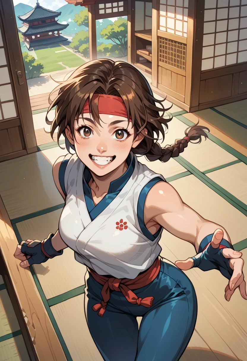 score_9, score_8_above, score_7_above, to break, score_9, ysakazaki, happy, Teeth, smile,  brown hair ,  brown eyes, single braid, dougi, spandex, headband, fingerless gloves, cowboy shot, in this, from behind, dojo