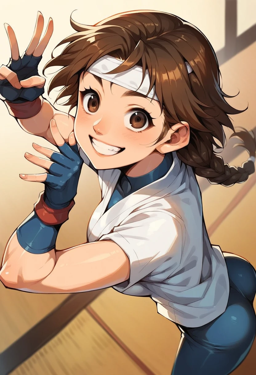 score_9, score_8_above, score_7_above, to break, score_9, ysakazaki, happy, Teeth, smile,  brown hair ,  brown eyes, single braid, dougi, spandex, headband, fingerless gloves, cowboy shot, in this, from behind, dojo