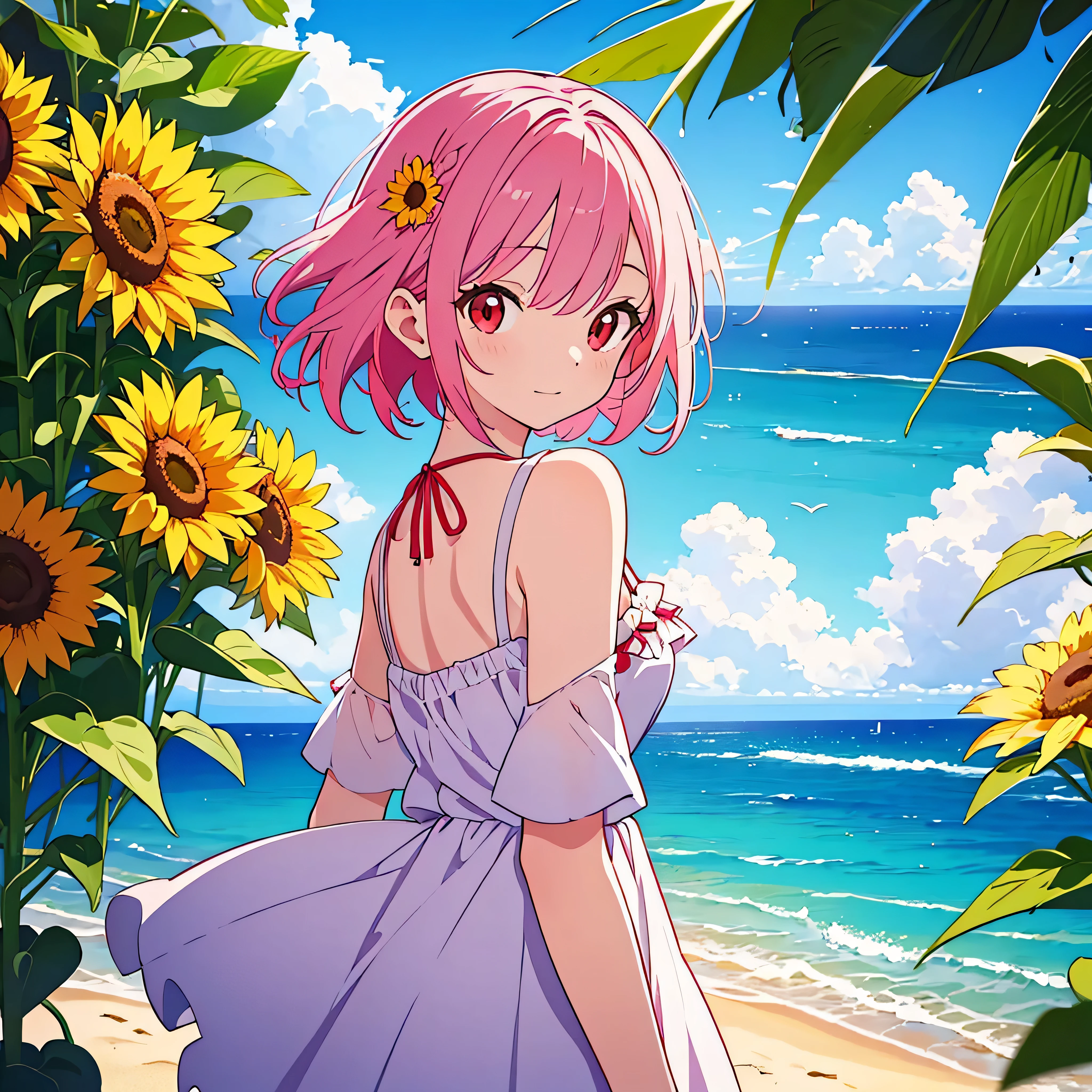 beautiful illustration, best quality, masterpiece, 4K, beautiful red eyes, beautiful pink bob hair, 15-year-old girl, a cute white dress, sunflower accessory in her hair, standing on a beautiful beach, upper body view, looking back towards the viewer, extending her hand with a warm expression, bright and natural beach lighting