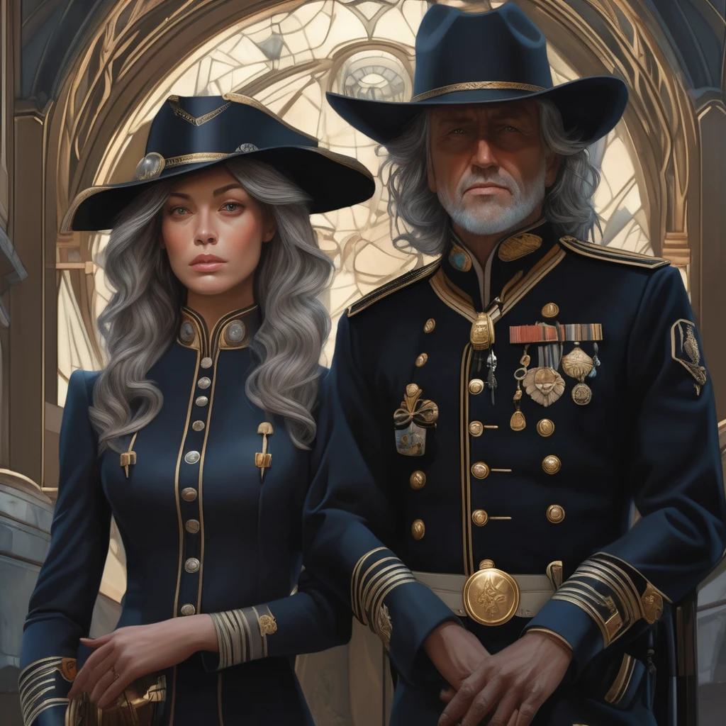 (surrealist female portraits), (Dark fantasy art: 1.6), David Hockney and Alphonse Mucha style , amazing realism,  dynamic lighting,  4K resolution ,  very detailed facial features ,  awarded, cowboy shot, (Official uniform: 1.4), Long gray hair, Deep shadows.