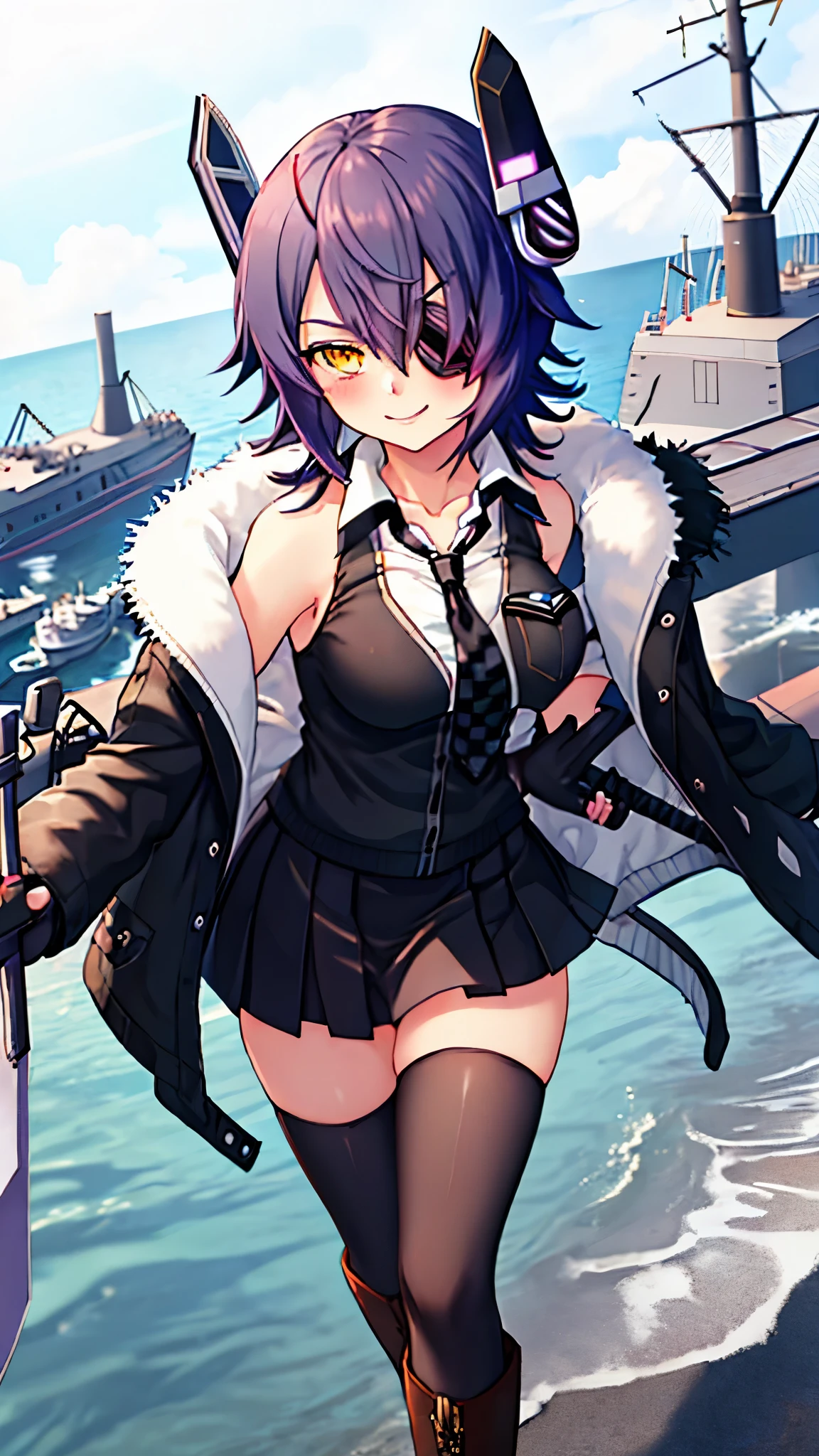 best quality, masterpiece, solo, {tenryuu_kantaicollection:1.15}, teen_girl, eyepatch, short_hair, purple_hair, yellow_eyes, headgear, breasts, necktie, large_breasts, smile, 1girl, blush, checkered_necktie, hair_over_one_eye, shirt, collared_shirt, white_shirt, jacket, sleeveless, brown_eyes, fur-trimmed_jacket, fur_trim, collarbone, looking_at_viewer, pocket, breast_pocket, ,, messy_hair, black_gloves, gloves, partially_fingerless_gloves,harbor_road_landscape_background,outdoor,short_skirt,thigh-highs,boots,sunlight,from_below