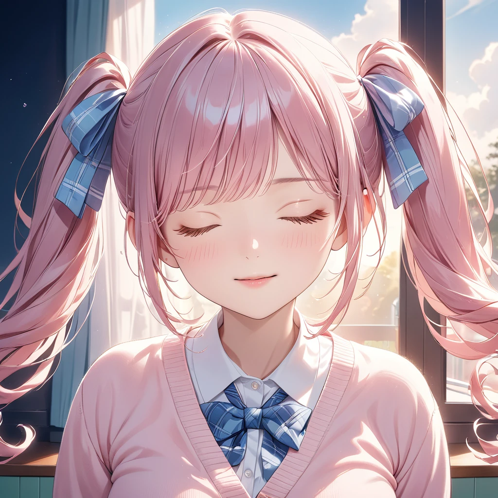 (8K, masutepiece, Best Quality, Official art, beautiful detailed, beautiful lighting, best masterpiece in history that exceeds limits), (1 Girl, Solo), (sixteen years old), (beautiful detailed face), (shiny white skin), (Beautiful big bust:1.3), (beautiful detailed pink twin tails hair, Bangs:1.3), (close eyes:1.8), (high school uniform:1.3), (pastel pink cotton cardigan, closed front, long sleeves:1.5), (open collar white shirt, pastel pink ribbon tie:1.3), (hold a pocky in mouth, sucking on a pocky, have a pocky in mouth, pocky game:1.5), (happy smile:1.2), (Attractive, cute pose:1.3), (no background, simple white plain background:1.5),