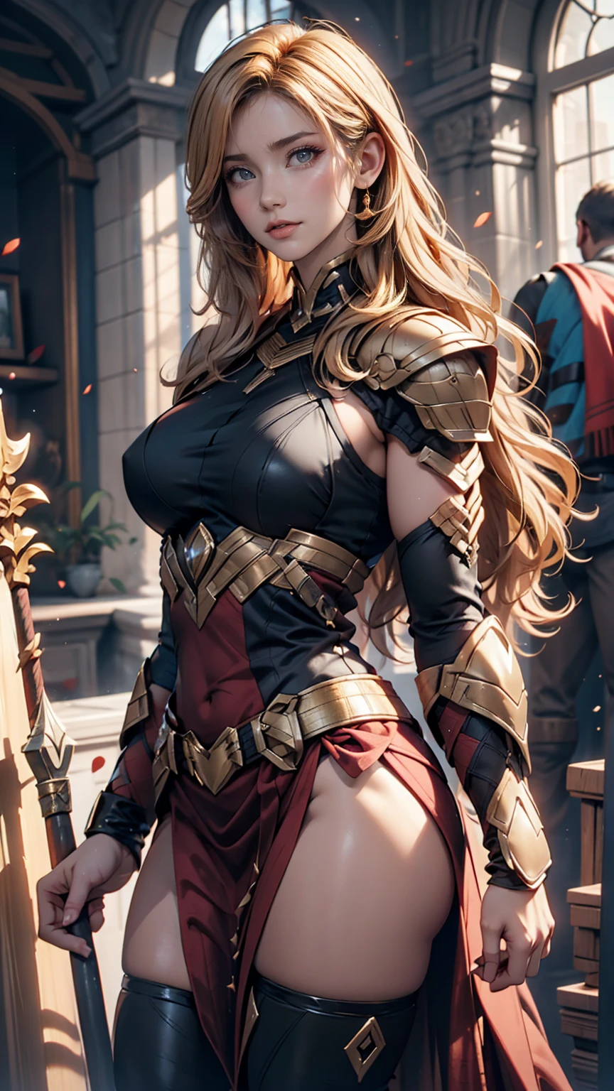 Female Knight、beautiful girl、Huge 、Excellent style、Nice body、glamorous、Black leotard、armor、bra chest armor、Knee Boots、Gauntlet、hair ornaments、Brown long hair、Ahoge、Medieval city、I could see the whole body、Outside the house、Night view、Laughter、stop、Are standing、Legs slightly open、Cowboy Shot、alone、Anna of Arendelle