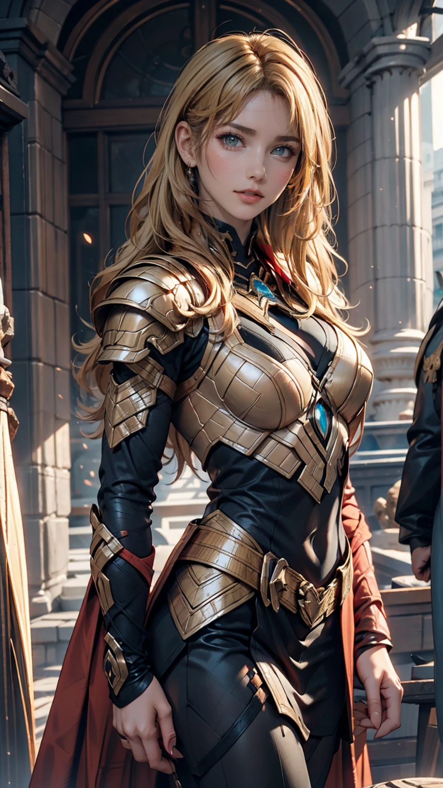 24 year old Caucasian female、Blonde、Wavy hairstyle、 semi-long hair、Female Mighty Thor、Marvel、 hammer、Dress in armor、Tight female body、 tall