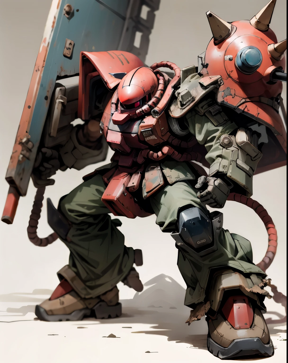 Zaku、A man with good style in armor、 dynamic pose 、Tackle、red coloring