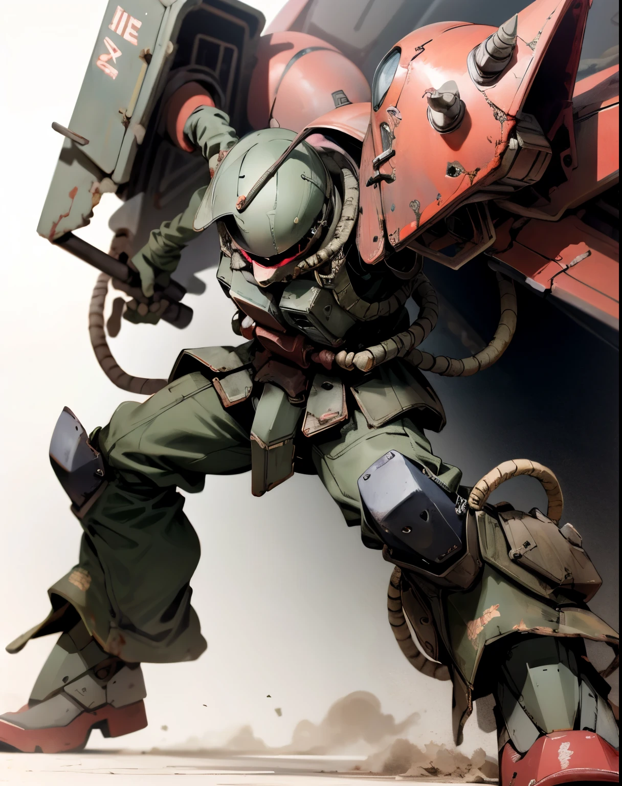 Zaku、A man with good style in armor、 dynamic pose 、Tackle、red coloring