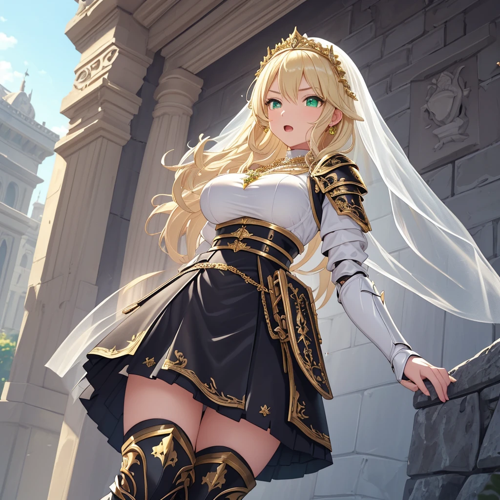 masterpiece, Best Quality,(((pure white short veil))),(( black princess knight leather armor with rich gold decorations,Tall woman)), (huge breasts), Bust-length blonde ,wavy hair,Pale skin,Rin々A funny expression,(((Green Eyes,  detailed eyes))),Belt pouch on waist, ((( Black Thigh-High Boots ,Black Gauntlets,Armored black skirt))),A thin curved hanging line ,Thin eyebrows,Young lady,Necklaces with jewels ,A large flag is raised on the wall of a stone fortress,Shouting with mouth wide open,blue sky,