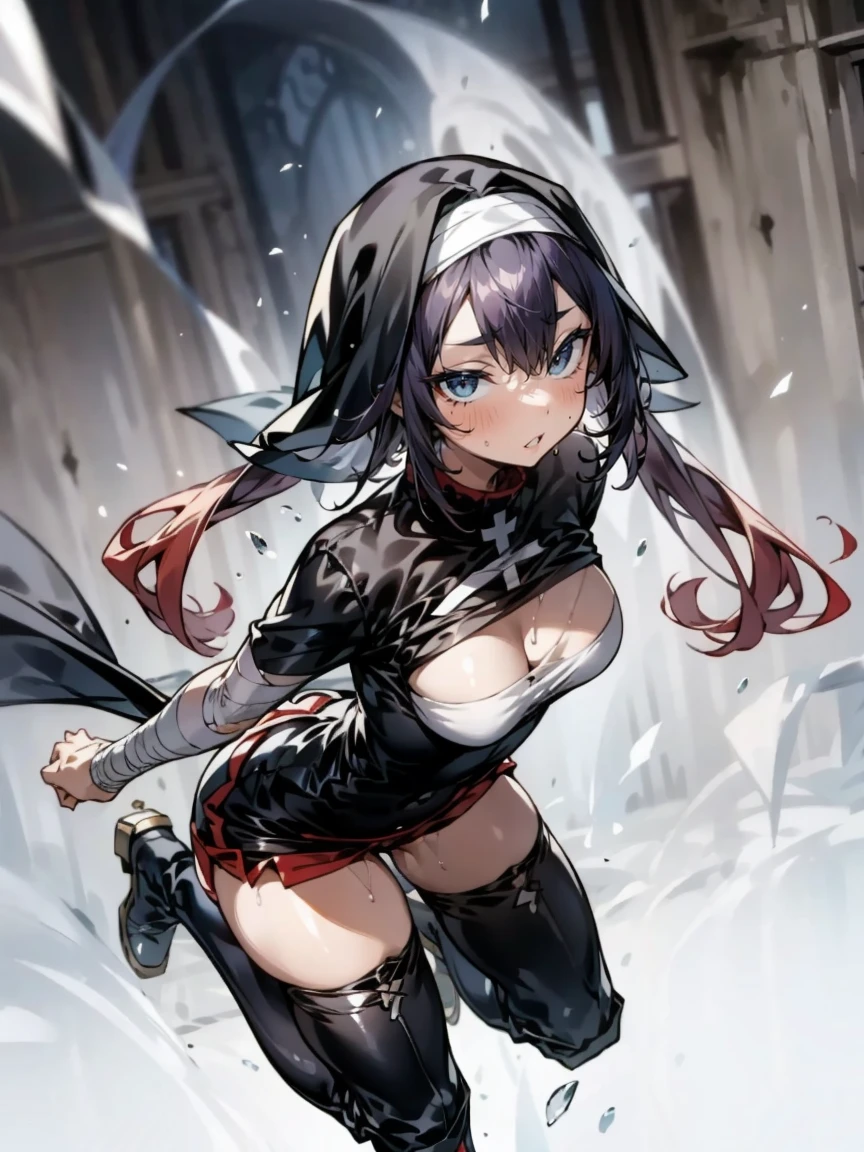 ((nun)),(bandage),(leather boots),(Knee-high boots),((very short,hot pants)),(jitome:1.3),hair,(black,dip-dye hair, twin tails,floating,Rolled up,Details, shiny),(touching body:1.1)),background,Alley,8k,high resolution, top-quality, top-quality real texture skin,(Molester,Gang rape:1.1),(Touching chest),Blake,(tears:1.1),(Sweat),((Squint eyes:1.0)),((at church)),from back