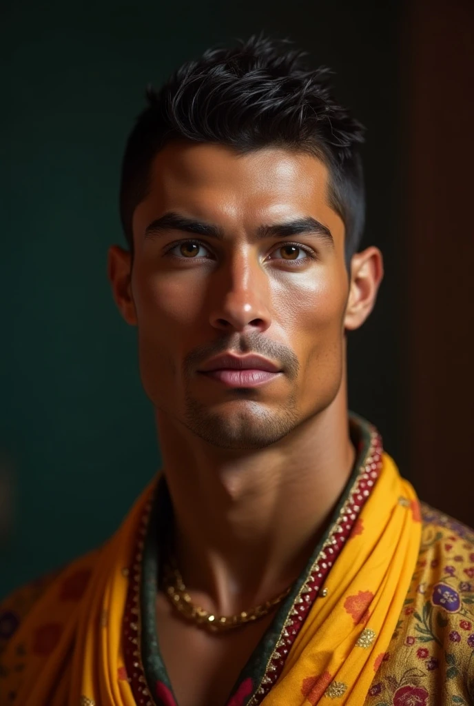 Cristiano Ronaldo, Smiling Face, cinematic portrait photo of a very interesting Cristiano Ronaldo Wearing the saffron robes of a monk, Saffron clothes, Rudraksha beads, oblong water pot in hand (Kamandal), rudraksha in hand, ghat of varanasi, eyes close up, highly detailed vfx portrait, taken with a full frame camera with a wild lens,