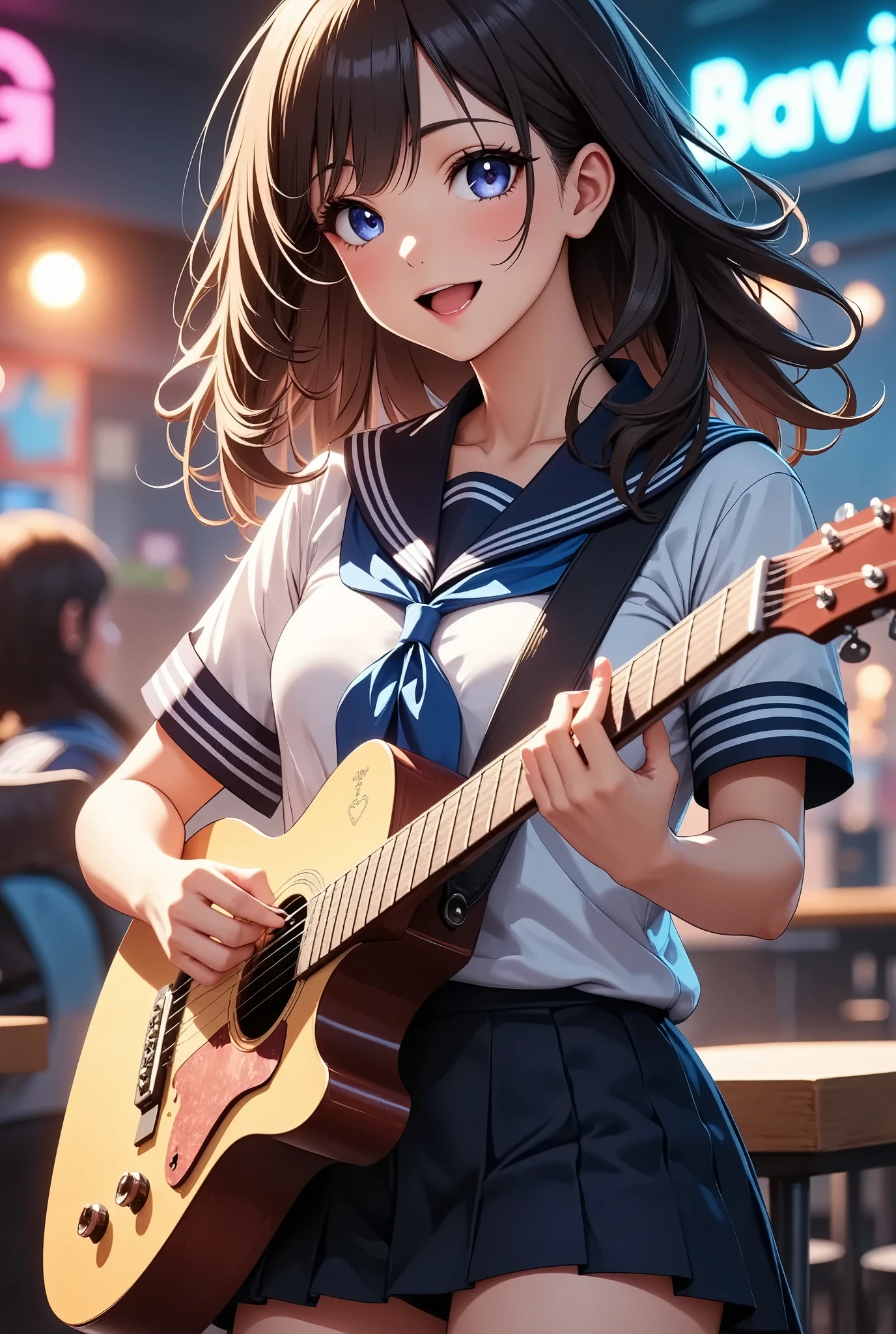 a young female high school student in a light music club, playing guitar, smiling, detailed facial features, beautiful detailed eyes, beautiful detailed lips, extremely detailed eyes and face, long eyelashes, intricate guitar details, school uniform, dynamic pose, colorful background, (best quality,4k,8k,highres,masterpiece:1.2),ultra-detailed,(realistic,photorealistic,photo-realistic:1.37),vibrant colors,studio lighting,professional photography