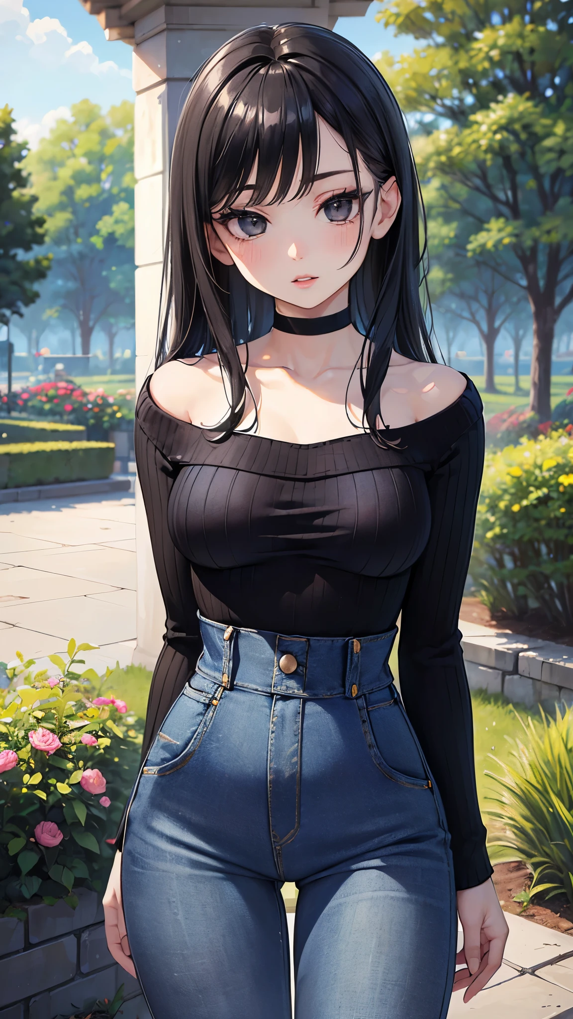 masterpiece, 最 high quality, 超 high resolution on down, very detailed), (Realistic:1.1, photoRealistic:1.4), Perfect illustration, full light, Perfect Detailed Hair , Perfect and exquisite face, Perfect collarbone, PERFECT BODY , viewers, 1 person, perfect face, ( perfect anatomy, anatomically correct), symmetrical faces、((Shiny Hair))、(masterpiece),(最 high quality:1.3),8k,Very clear,( super real ), seductive woman,( high quality, high resolution on down, Sex), Realisticなスタイルの女性、Perfect Woman、 perfect face、 symmetrical faces、blush、(( juicy lips ))、((Black Hair))、(( double big black eyes、 long lashes))、(Makeup)、(Black turtleneck knit、 high waist denim pants:1.5)、(Outdoor、garden)