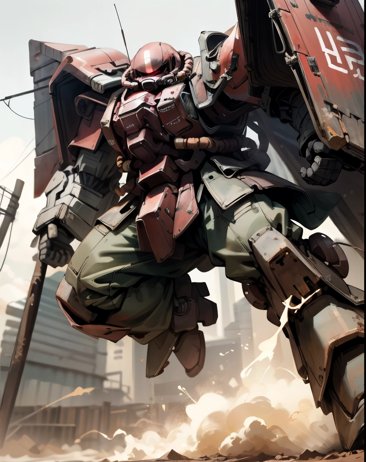 Zaku、A man with good style in armor、 dynamic pose 、red coloring、Jump