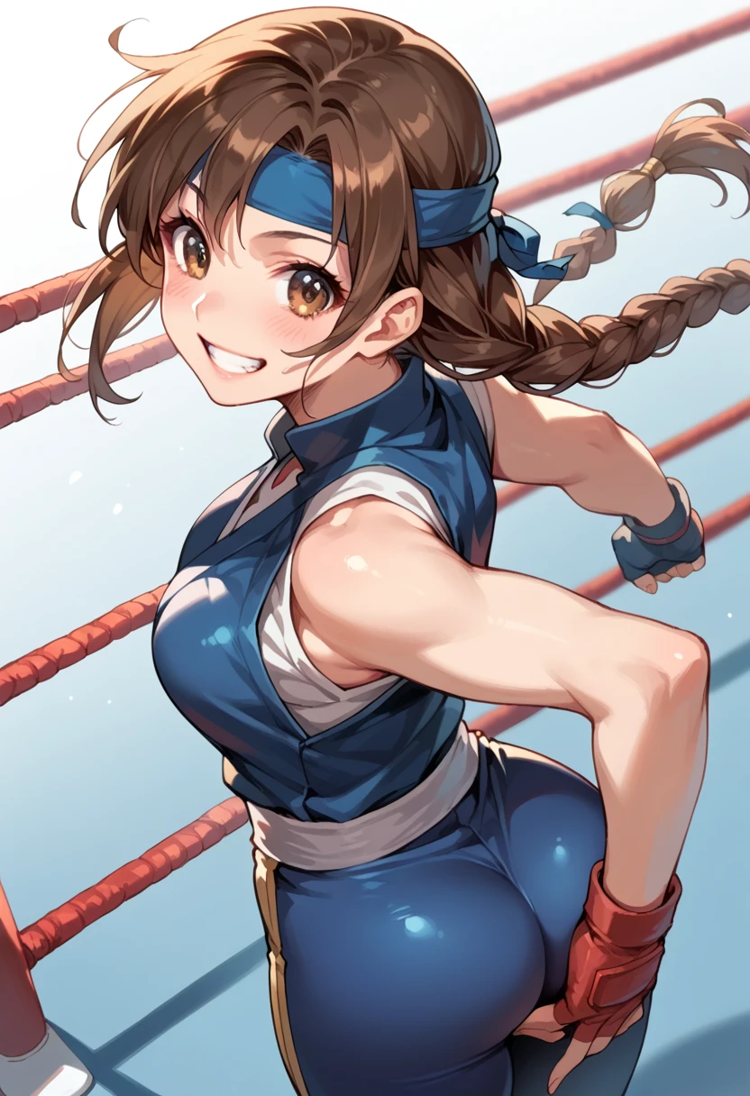 score_9, score_8_above, score_7_above, to break, score_9, ysakazaki, happy, Teeth, smile,  brown hair ,  brown eyes, single braid, dougi, spandex, headband, fingerless gloves, cowboy shot, holding the ass, from behind, Blush,  looking down, fighting ring