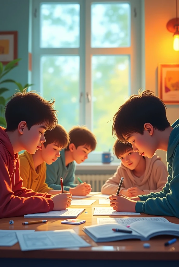 boys study group, reading on table realistic


