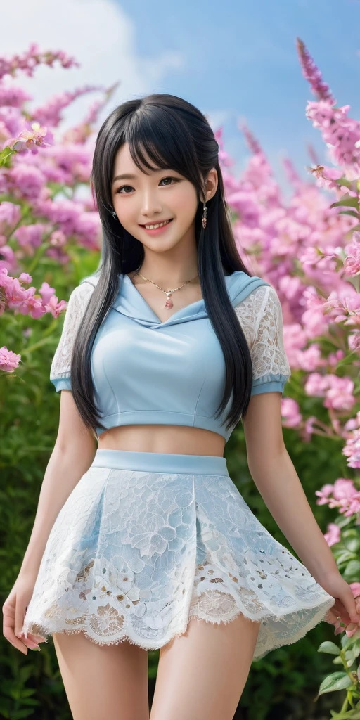 tmasterpiece，best qualityer，1girll，Kneel，Lower breast，In the midst of flowers