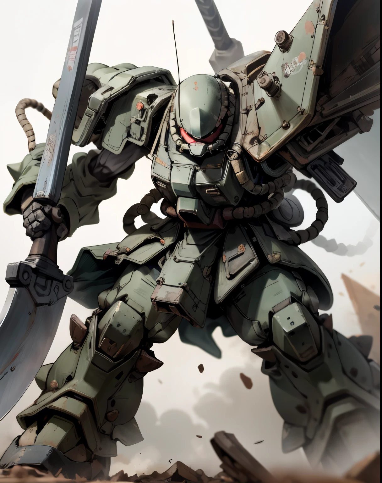 Zaku、A man with good style in armor、 dynamic pose 、Hold up a big axe、black coloring