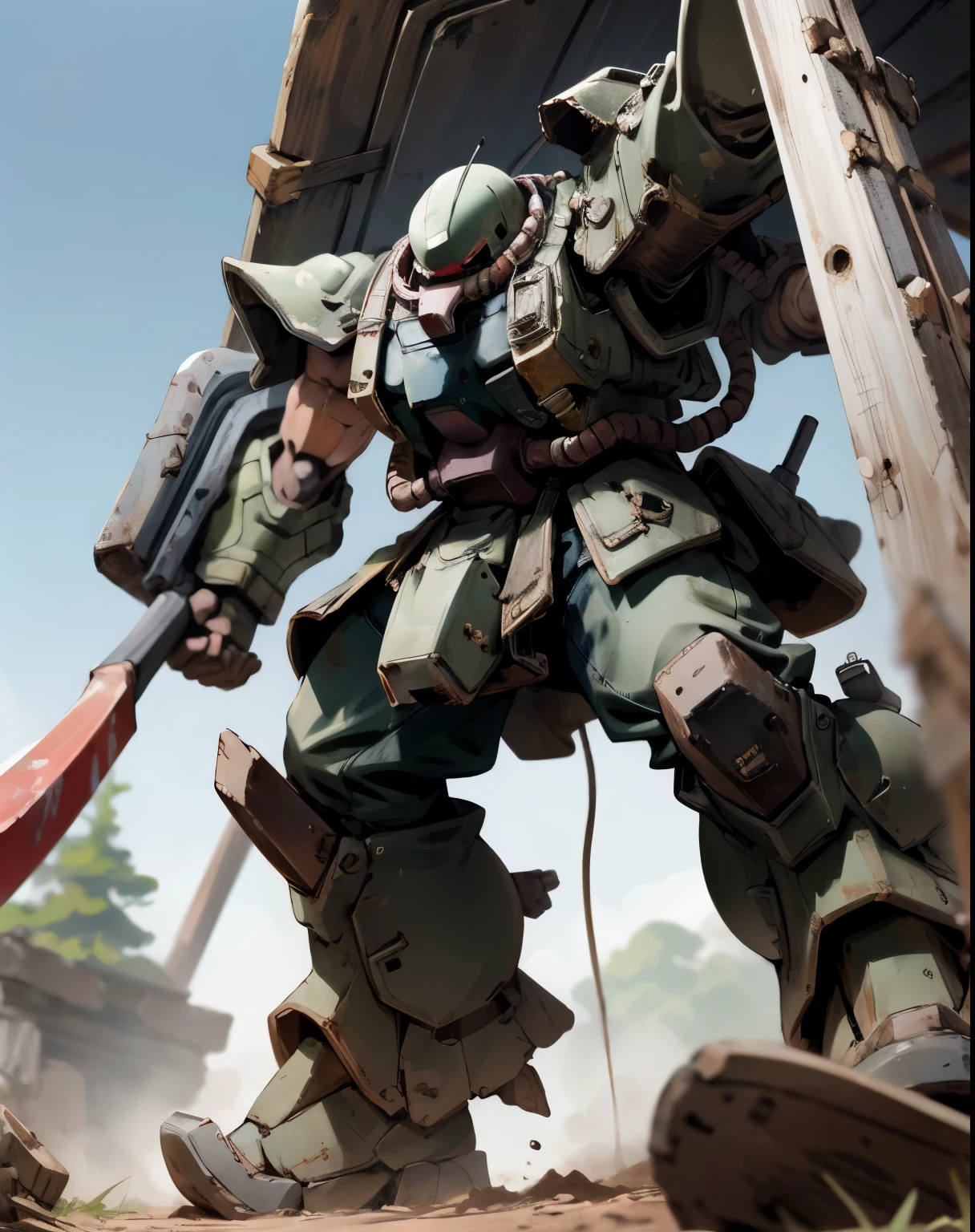 Zaku、A man with good style in armor、 dynamic pose 、Hold up a big axe、black coloring