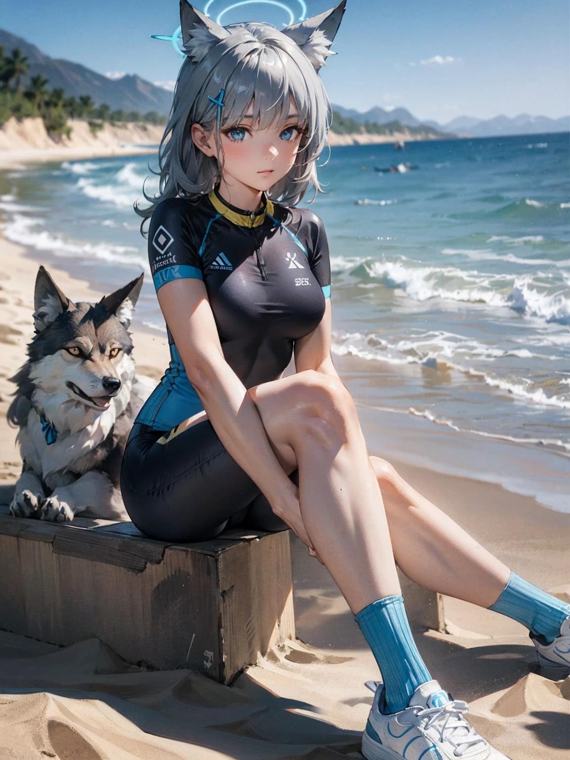 1girl, 3d, animal_ears, black_legwear, blue_eyes, blue_sky, blur_censor, blurry, blurry_background, blurry_foreground, bokeh, brick_wall, building, cafe, chain-link_fence, city, cloud, cloudy_sky, collar, competition_swimsuit, cosplay_photo, day, depth_of_field, dirt, dog_ears, dog_tail, east_asian_architecture, fence, film_grain, focused, hair_ornament, house, kneehighs, knees_together_feet_apart, loafers, looking_at_viewer, motion_blur, name_tag, outdoors, palm_tree, park, photo_(medium), photo_background, photo_inset, plant, pool, poolside, potted_plant, rainbow, school_swimsuit, shoes, short_hair, shrine, silver_hair, sky, squatting, stadium, street, swimsuit, tail, town, tree