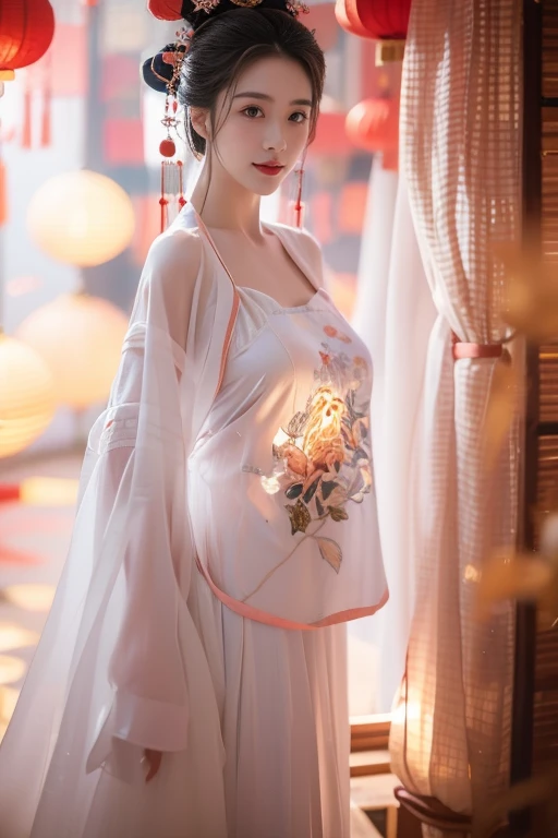  1 girl at home，( best quality ,  masterpiece :1.2),   super detailed ，， Off Shoulder Dress ,Chinese Princess, (Pink belly pocket） ( Hanfu：1.3, )，Imagine， bokeh，Big breasts