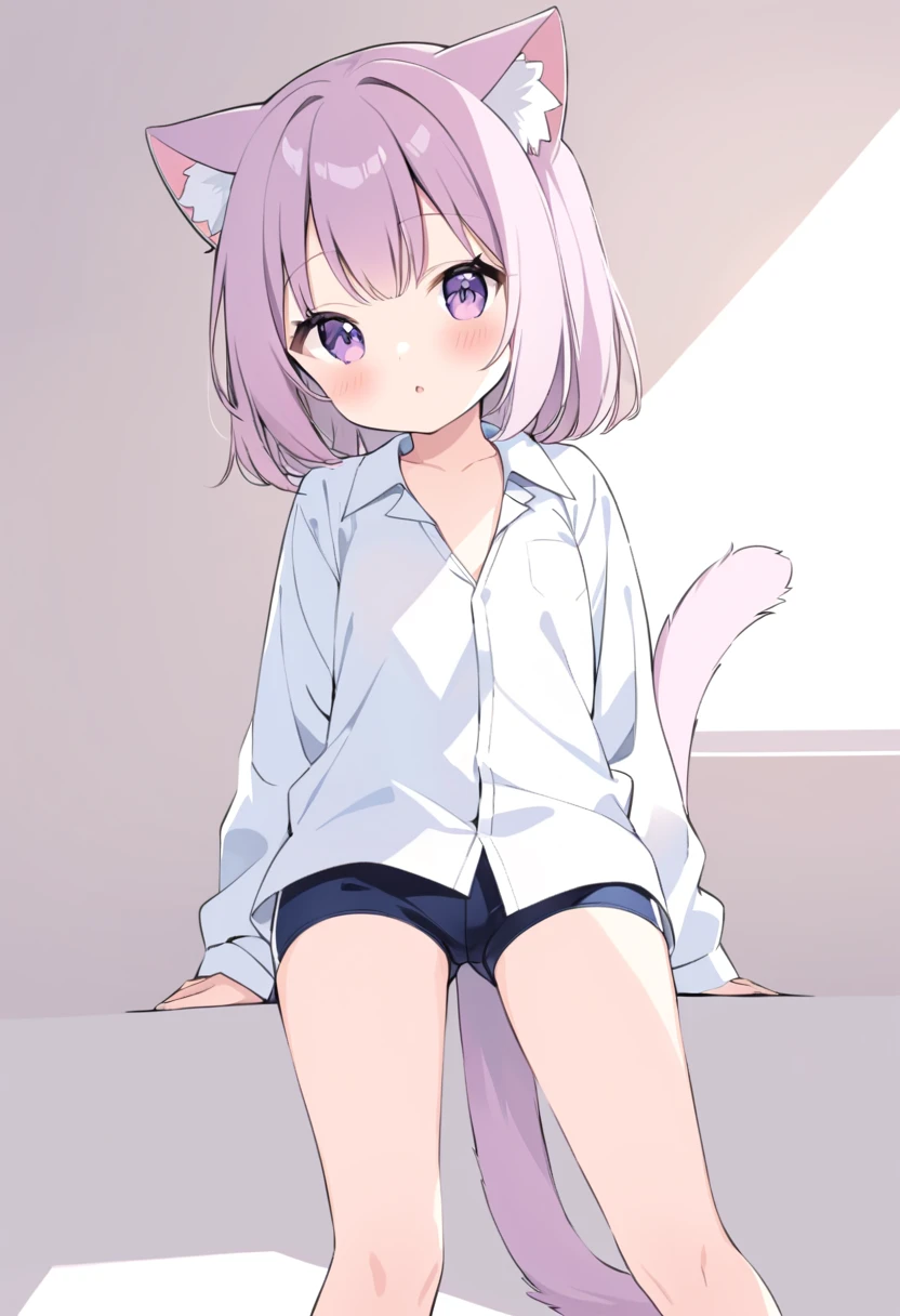 A cute and petite cat girl ,  dressed in a shirt and short shorts , with hairy tail  