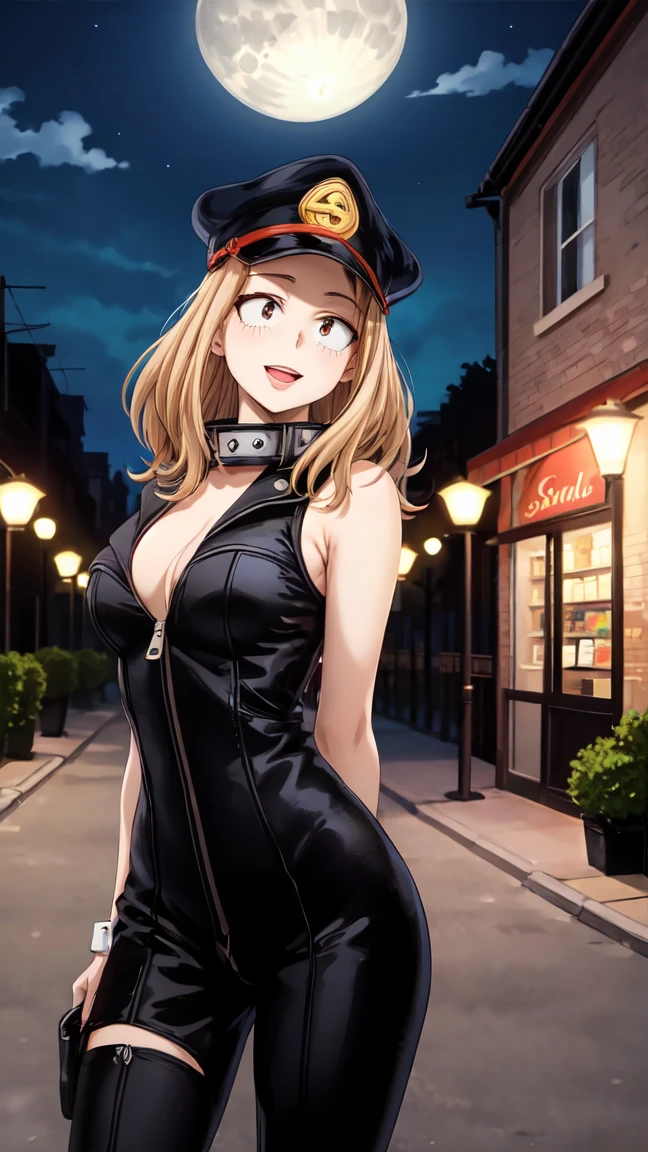 Masterpiece ,best quality , high resolution , (face view , look at view , (pov front view) , (pov from front)) , (1 girl solo:1.38) , (camie, long hair, brown hair, brown eyes, peaked cap , lipstick , eyeliner)) , (slim , tall , slender , thin) , (cleavage:1.05) , (big breast:1.06) , (wear black bodysuit  , sleeveless , fishnet_stockings , zipper ) ,BREAK (arms behind back , hand behind back) BREAK, ( outdoor , night , lamp , moonlight , road , on street , in front of shop ) , (open mouth , smile , full face blush , shy ) , (standing , thighs ) , (cowboy_shot)、おっぱい、裸