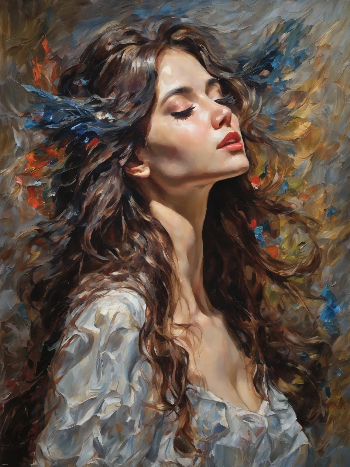 art, super detailed, impasto, devilish beauty, genius singing voice, 1 girl, singing in a whisper looking at the viewer, long hair, eyelashes, small ears, silk dress, half body shot, oil painting, impasto, best quality, masterpiece