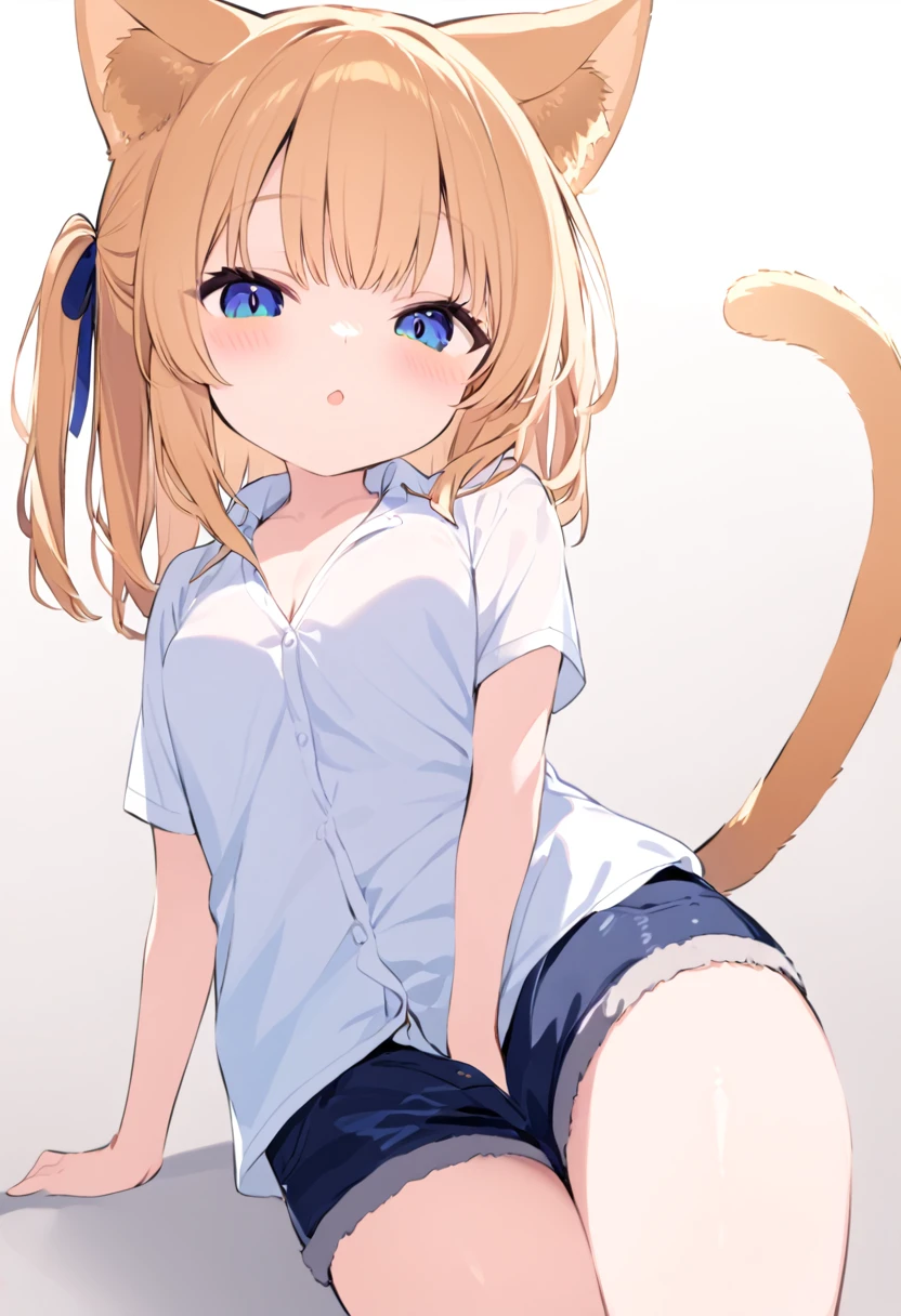 A cute and petite cat girl ,  dressed in a shirt and short shorts , with hairy tail  