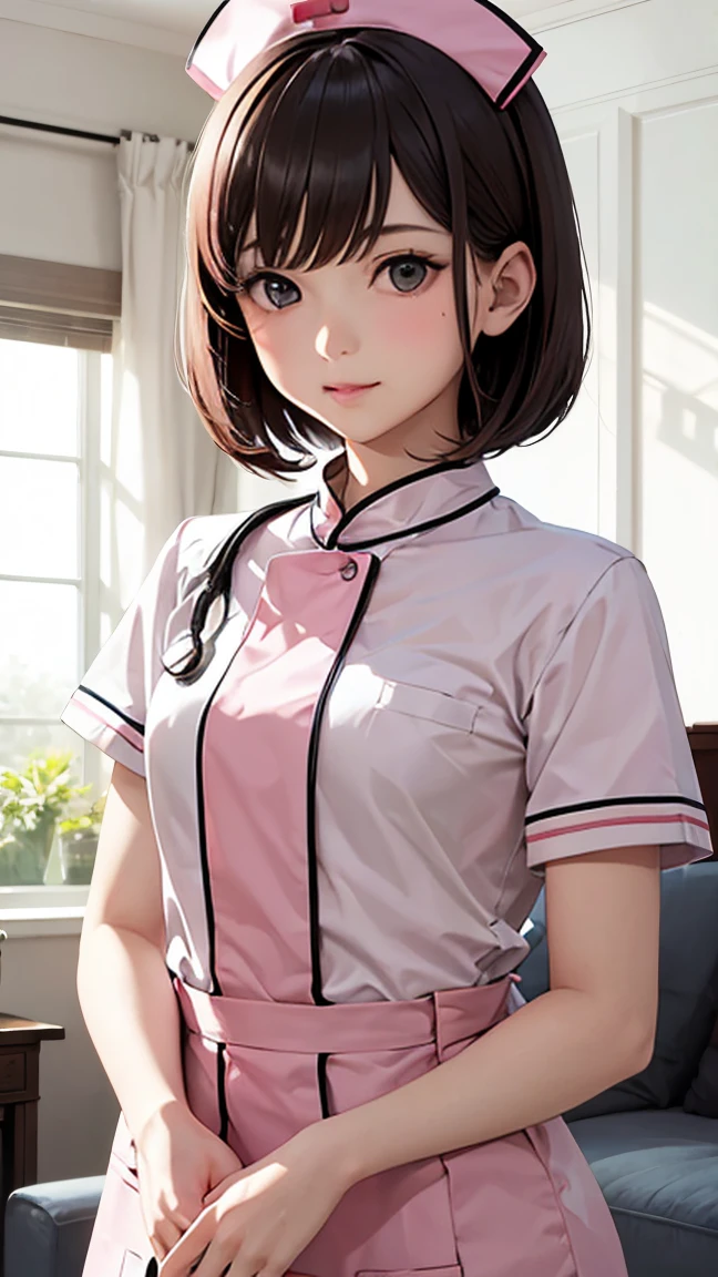 1girl, hospital, infirmary,Cyberpunk_CityView, Before Window,sitting at attention,sitting on couch,(white apron), dress,(pink bowtie),(puffy_short_sleeves),(pink shirt),(nurse_cap),(nurse_Outfit),NanaseRen,green eyes,long hair,low ponytail, white hair ribbon,aqua eyes, (closed mouth),perfect eyes, perfect face,looking at viewer, blush,(innocent_big_eyes:1.0),(expressionless:1.3), long legs, large breasts,Bright_Front_face_Lighting,film grain,Fujifilm XT,phisically-based render,(masterpiece,best quality,official art,extremely detailed CG unity 8k wallpaper:1.4),(realistic photo),dslr,super fine illustration,highly detailed,very detailed background,highly detailed background,gorgeous nature refined rendering,contour deepening,best bloom,cinematic composition,cinematic bloom,cinematic shadow,depth of field,realistic,extremely intricate,flawless, clean, professional artwork, famous artwork,real,perfect anatomy,perfect proportions,slim waist,slim calves,pale skin,skin texture,skin pores,super detailed skin,detailed beautiful face and eyes,detailed eyebrows,detailed fingers,detailed toes,soft lighting, dramatic lighting,backlighting, <lora:Better Portrait Lighting:0.4>, <lora:backlighting:0.4>, <lora:NanaseRen-V2:0.8>