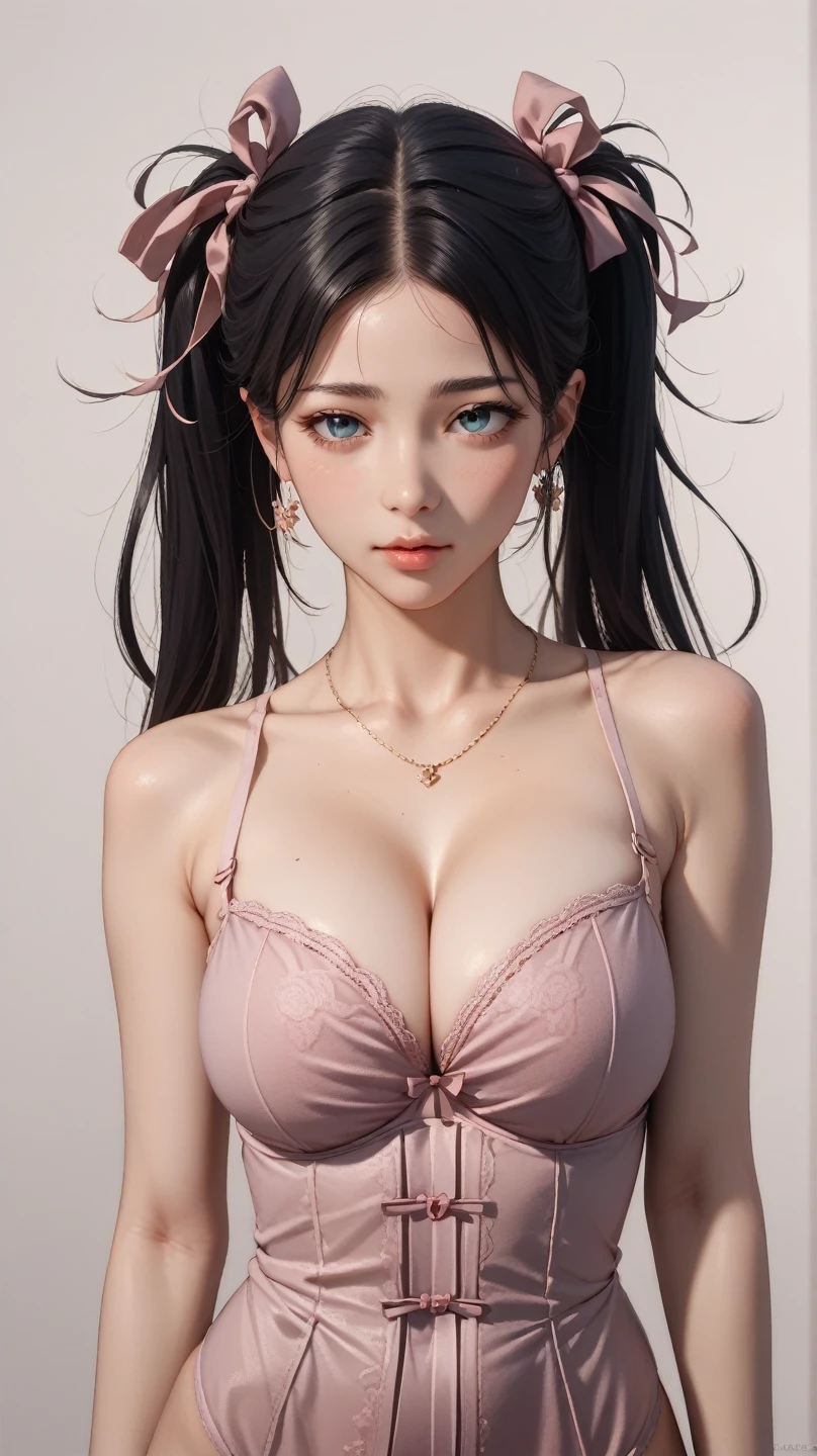 girl,white pink lingerie,gigantic_breasts,穿着性感油亮黑丝，Spread your thighs slightly