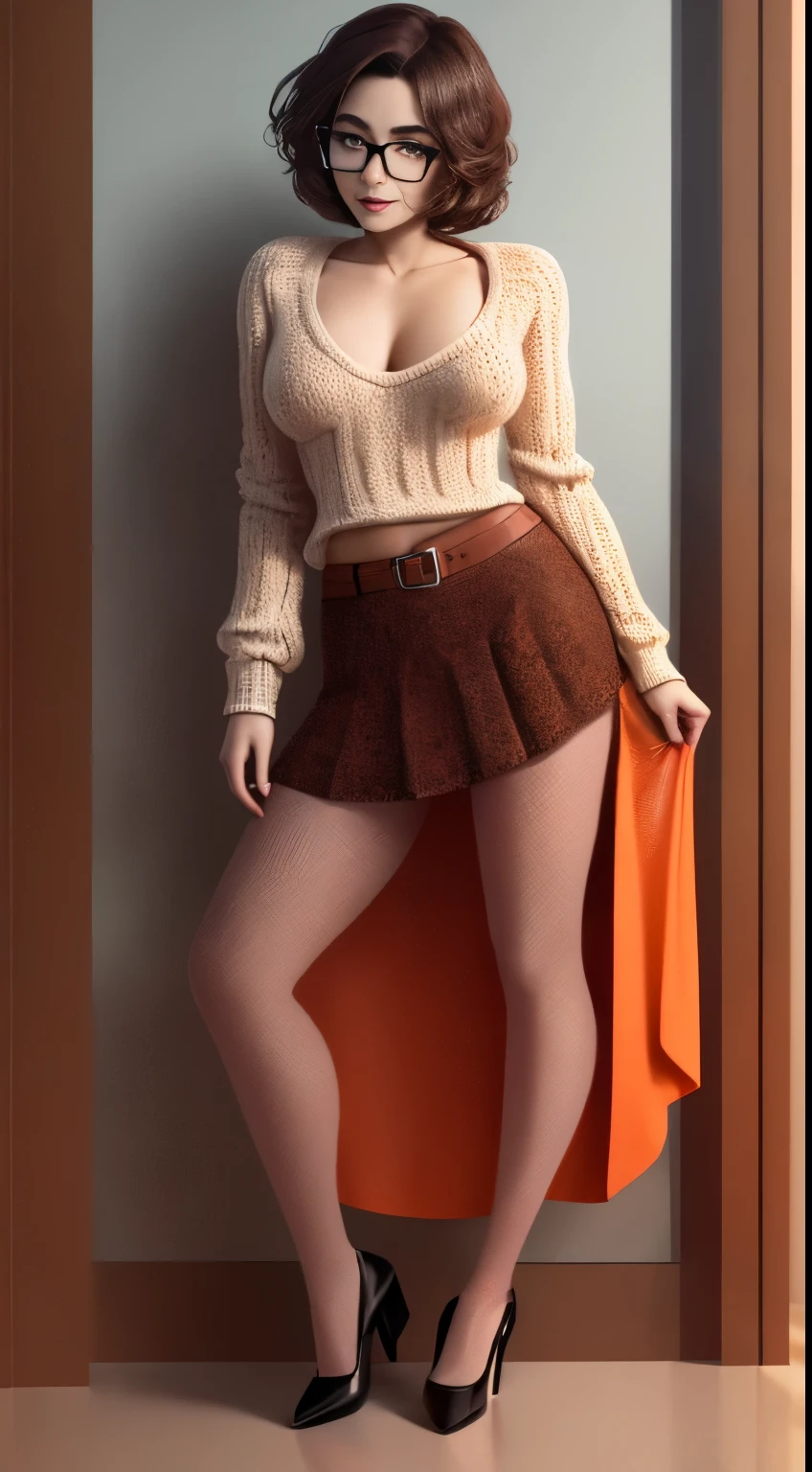 (masterpiece:1.2), (best quality), (ultra detailed), (8k, 4k, intricate),(full-body-shot:1), (highly detailed:1.2), (detailed face:1.2), ((portrait)), (dynamic pose:1.2)  Velma, 1girl, solo, bare breasts, looking at viewer, short hair, skirt, large breasts, brown hair, brown eyes, pantyhose, pleated skirt, glasses, pulling her sweater up, orange sweater exposed breasts, ((full body))