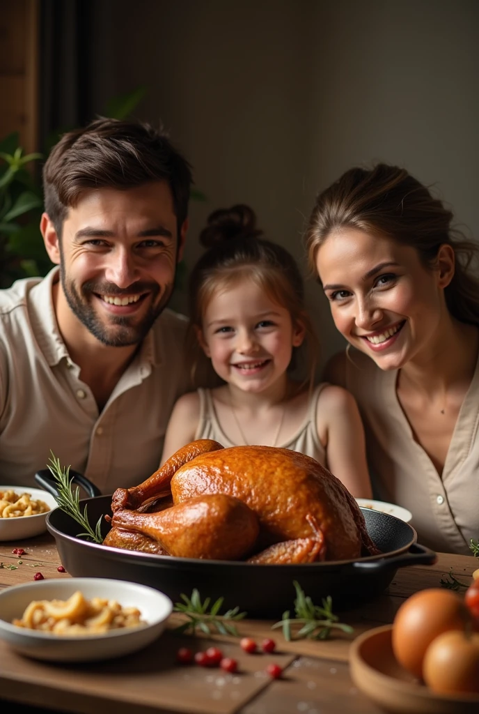 highly detailed portrait of a happy family(father, mother, son and daughter) sitting around the dining table enjoy cooked turkey on a big pan, complete garnished,  bare skin, white porcelain skin, intricate, dramatic light