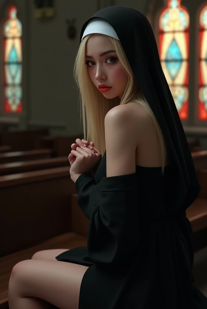 nun, perfect face, smooth skin, blonde long hair, long legs, cleavage, cinematic lighting, only candles, night, dark atmosphere, seductive, slutty look, black choker, high heels, perfect anatomy, focus, detailed, high definition, close up, velvet
