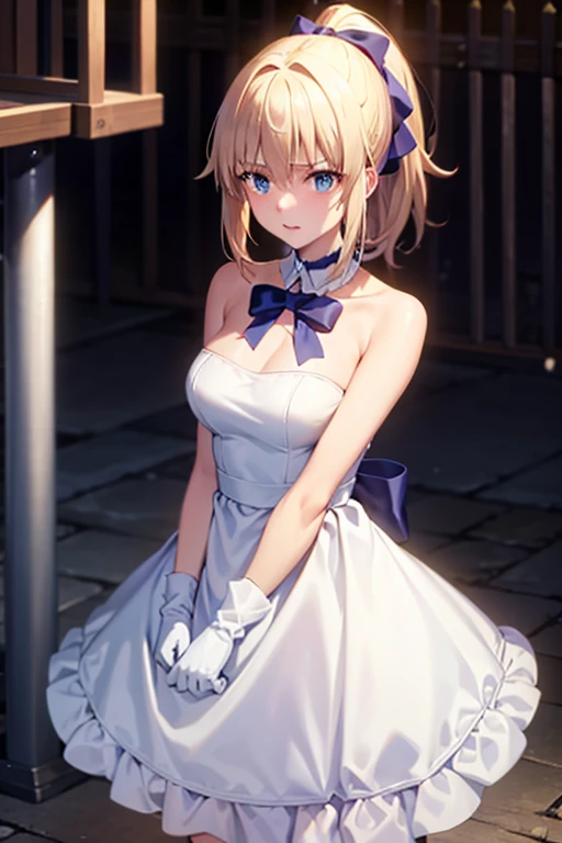 Best Quality, masterpiece,Things to know, Not Enough,  1 girl, Gloves, Elbow Groove,  choker,  white dress ,  Official Another Costume, breast, clavicle,  ponytail, White gloves,  clevis,  Strapless Dress , bow,  Bare Shoulders,  short hair ,  parody , ブルー choker, Hair bow,  Blue Ribbon ,  1 girl, Trojan horse, Crotch rubbing,  a liquid that makes you think, Binding,, masterpiece, Best Quality,  very detailed on playground equipment、(Behind:1.3)、