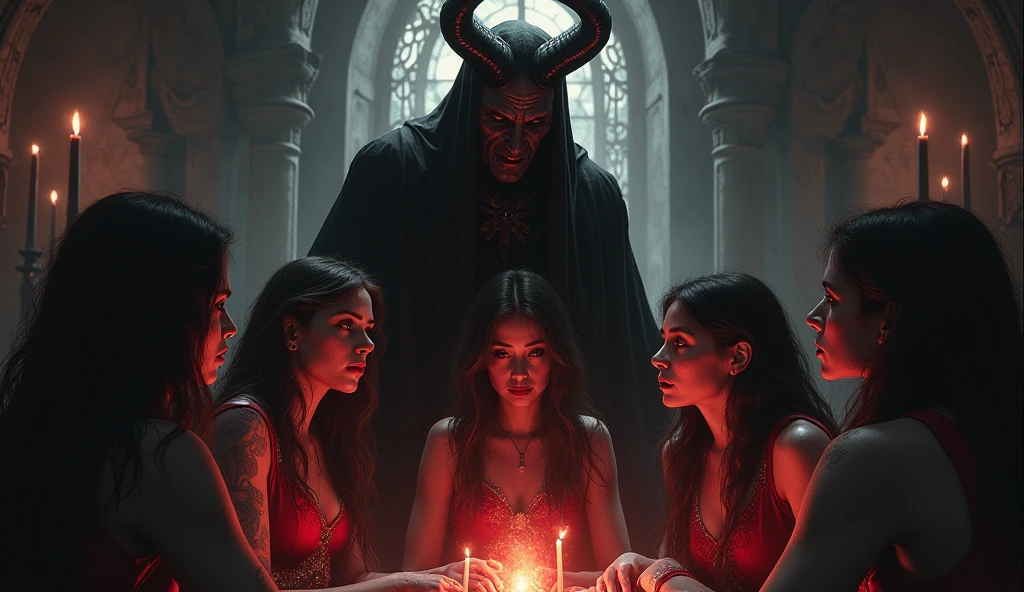 There is an image of three women with horns on their heads, sitting around a ouija board, creepypasta, CGI horror 4K, scary HD 4K, scary Netflix still shooting, Demon Girl, unsettling 4k digital art, horror video game, realistic CGI, indie video game horror, demon eyes, with bright red eyes, still from animated horror movie, render realistic CGI, realistic cinema 4 D render --auto