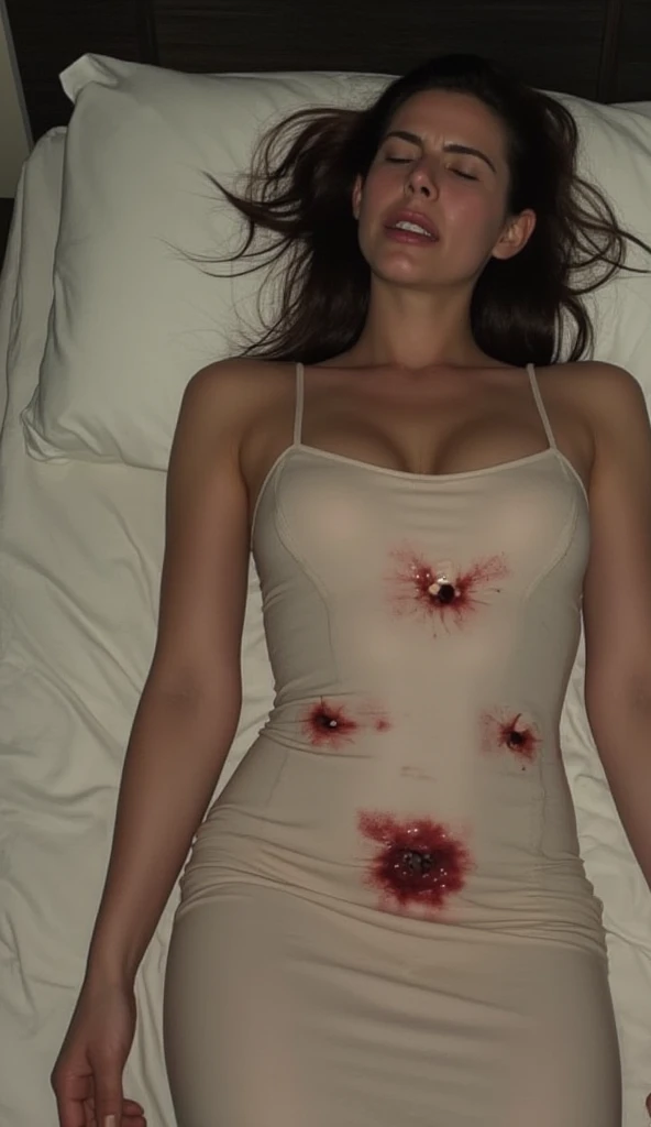 Woman in tight latex dress, lying on her back, eyes closed in bed, with gunshot wounds on the dress, broken belly, small holes, bleeding on the holes, blood smeared on the dress, painful facial color. 