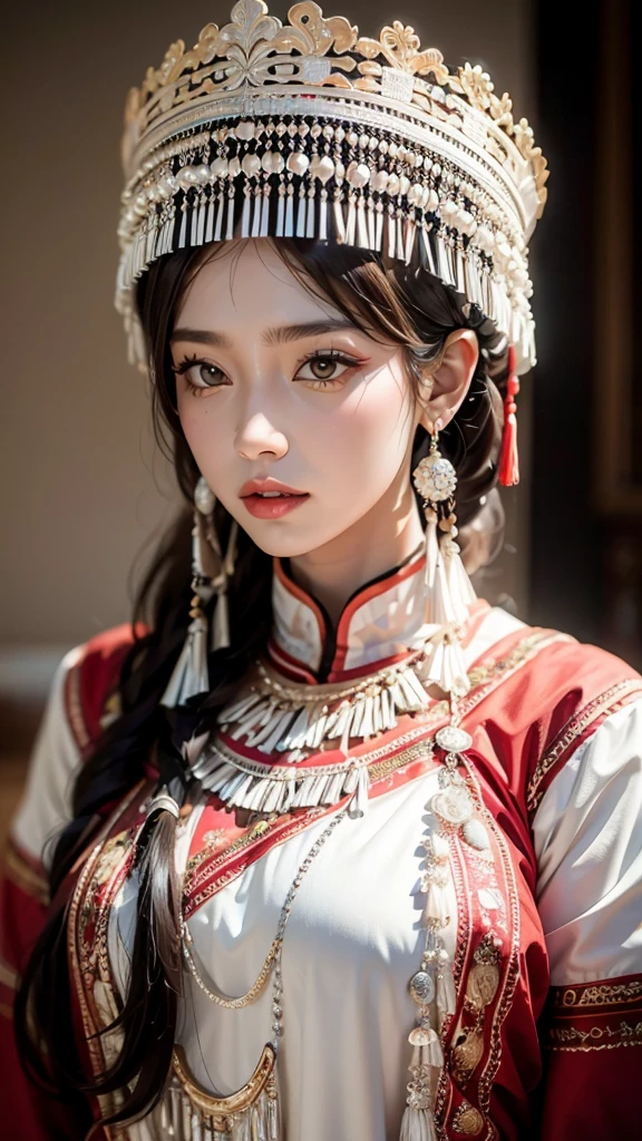 ( Good structure),High dynamic range, Ultra HD,8K, 1 girl at home, Chinese Yi costume , silver metal headdress ,  brown eyes , earrings, have, Jewelry,Yi ethnic metal Jewelry,A huge metal have, headdress metal tassel ,Silver metal have, Lace, Lace trim, Lips, Long hair,  looks at the audience, parted Lips,  alone ,  upper body