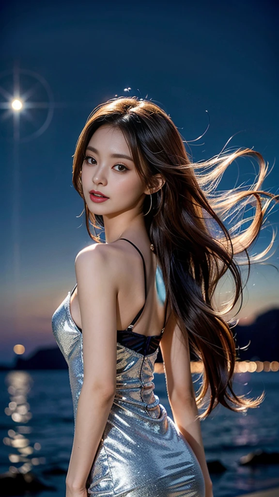 "A breathtakingly beautiful masterpiece of the highest quality featuring a woman with long hair in silhouette against a night sky on a hill with clouds and a full moon. The scene is represented with visible wind and dotted with sparkling fireflies and stars."