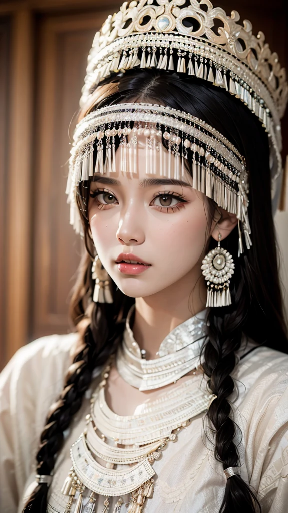 ( Good structure),High dynamic range, Ultra HD,8K, 1 girl at home, Chinese Yi costume , silver metal headdress ,  brown eyes , earrings, have, Jewelry,Yi ethnic metal Jewelry,A huge metal have, headdress metal tassel ,Silver metal have, Lace, Lace trim, Lips, Long hair,  looks at the audience, parted Lips,  alone ,  upper body