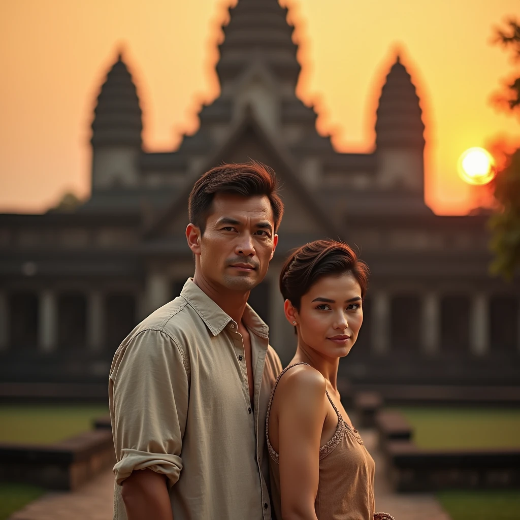 best masterpiece, best quality, super detailed, super realistic, ultra high resolution, 8K resolution, 16:9 ratio, a handsome man dressed in West Java Sundanese traditional clothing with a beautiful woman holding each other intimately romantically, in front of the West Java Sundanese symbol monument, background back on a beautiful mountain