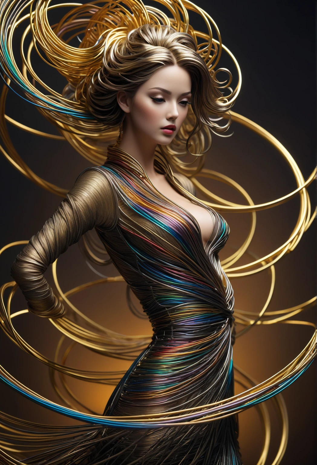 (line art:1.5),Colored lines,A beautyful girl,model shoot style,abstract paintings, (extremely detailed), A chaotic storm of lines rises from a complex rainbow of smoke overhead, Stylized abstract portrait of beautiful girl facing viewer,heavy metal style,postmodern industrial style,ultra-realistic realism,Image of beautiful woman sculpture made from thin metal wire, golden curve structure, Woman sculpture made of wire, Spiral dripping gold, Metal curve composition, Winding streets, abstract female sculpture, Small whirlpools, abstract sculpture, twist, Rotated, complex metal wires, spirals, long exposure photos, line sleek, complex light, cameltoe, sitting with legs spread, longing gazing hungry sexy facial expression, arms behind back, hands not visible