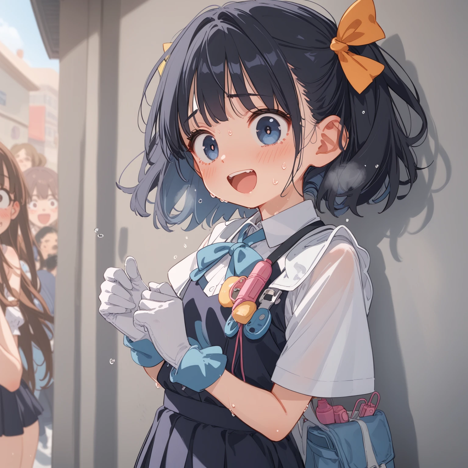 score_9, score_8_up, score_7_up, source_anime, best quality, masterpiece, sensitive, nsfw, break, junior high school girl, small breast, small hips, Black Hair, hair ribbon, hair band, break, upper body zoomed, break, heavy breathing, ( sweating :1.3), break, Pastel color wet idol stage costume, puffed-sleeve, wet gloves, Wet Dress, armband, wet white lace trim pleated skirt, wet blazer ,  wet white blouse ,  wet neck big ribbon, Pouch on belt, wet knee high tights, wet white panties, break, ( many excited guys in background :1.3), ( excited guys grab her small breast :1.3), ( excited guys squeeze her small breast :1.3), ( excited guys touch to her small breast :1.3), ( she is restrained :1.3), ( excited guys  into her genital :1.3), ( vibrator :1.3), ( excited guys grab her crotch :1.3), vaginal secretions, break, (random seed 613 : 0) 