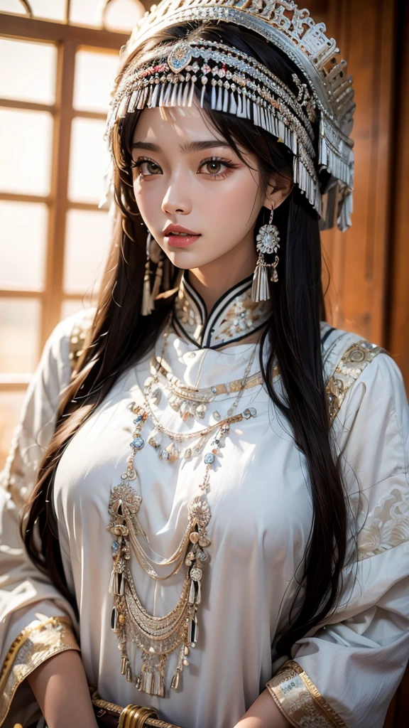 ( Good structure),High dynamic range, Ultra HD,8K, 1 girl at home, Chinese Yi costume , silver metal headdress ,  brown eyes , earrings, have, Jewelry,Yi ethnic metal Jewelry,A huge metal have, headdress metal tassel ,Silver metal have, Lace, Lace trim, Lips, Long hair,  looks at the audience, parted Lips,  alone ,  upper body