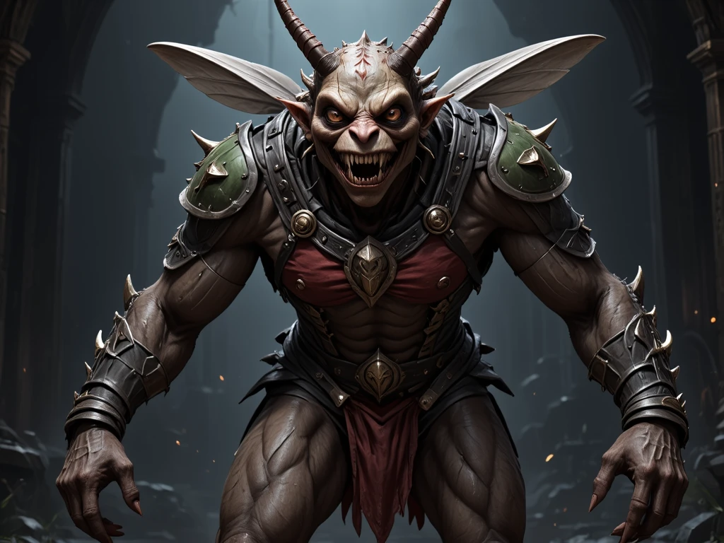  a menacing villain with a Fly face and muscular build, dressed in a red and green armor 