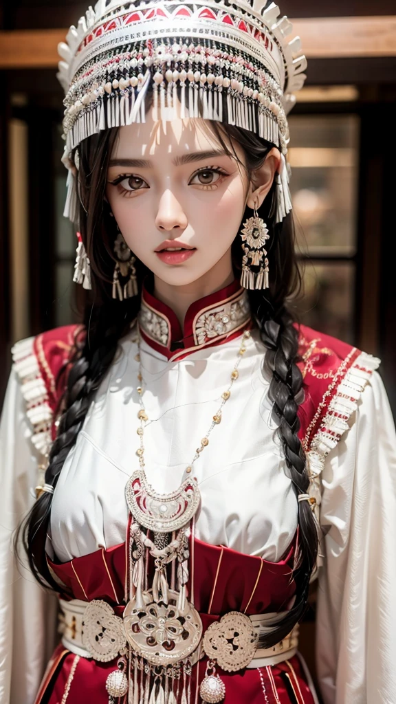 ( Good structure),High dynamic range, Ultra HD,8K, 1 girl at home, Chinese Yi costume , silver metal headdress ,  brown eyes , earrings, have, Jewelry,Yi ethnic metal Jewelry,A huge metal have, headdress metal tassel ,Silver metal have, Lace, Lace trim, Lips, Long hair,  looks at the audience, parted Lips,  alone ,  upper body