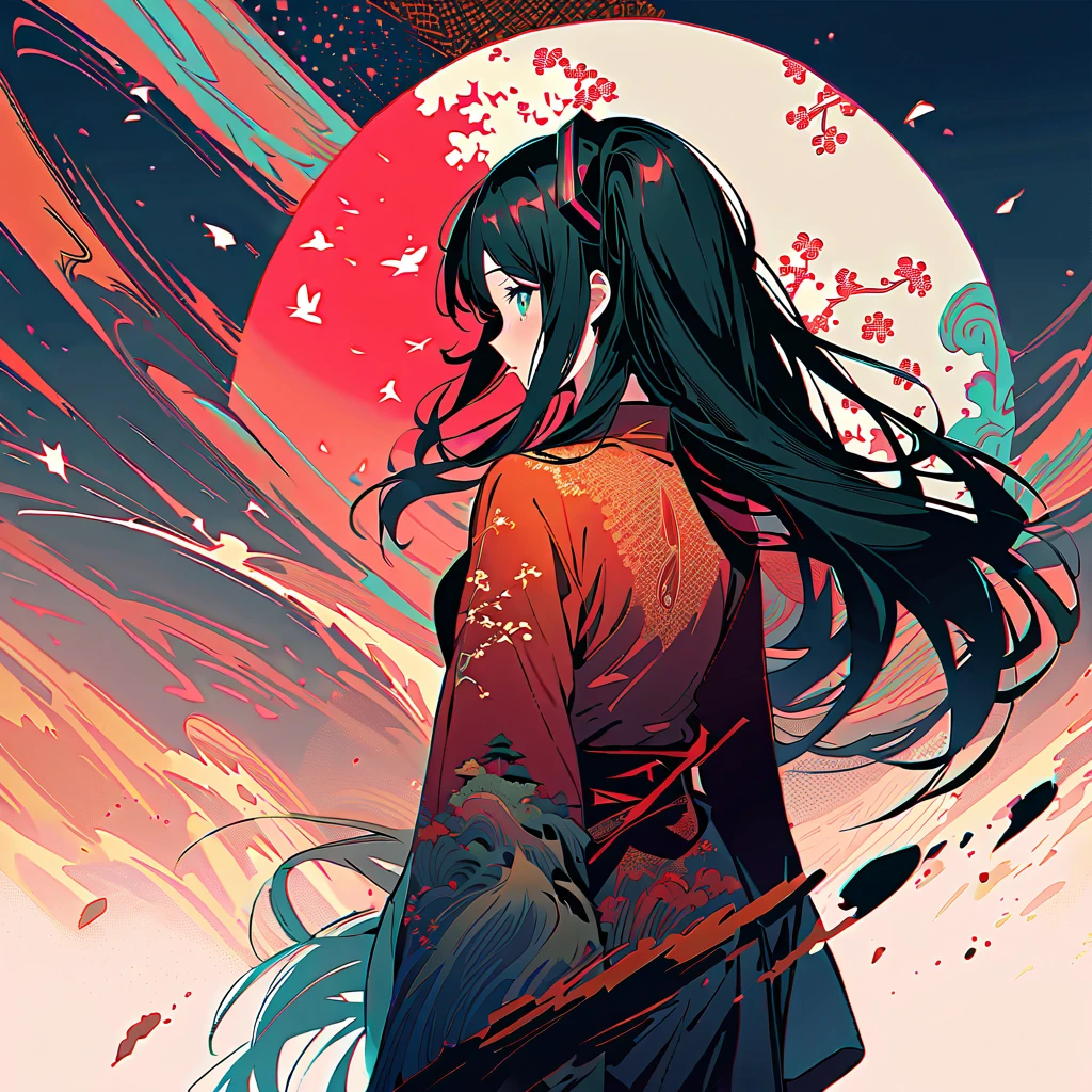 illustration, glitch art, Digital noise,   hatsune miku, Deep and charming eyes, super detailed, 身穿白色西装的  hatsune miku, American comic style, amazing moment，The girl in red, Back focus, flowing long black hair, Chinese painting, ink style. Four seasons, visual effects, Warm colors, Distortion-free composition, romantic, Smooth lines, flat canvas  , HD textures, visual warmth, and tranquility.